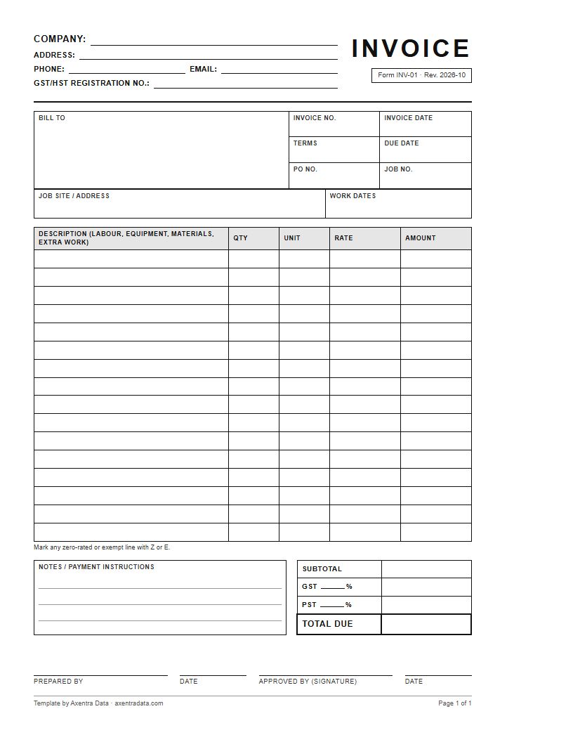 The blank contractor invoice template: company, bill to, invoice details, line items with qty, unit, rate and amount, GST and PST lines, totals and sign-off