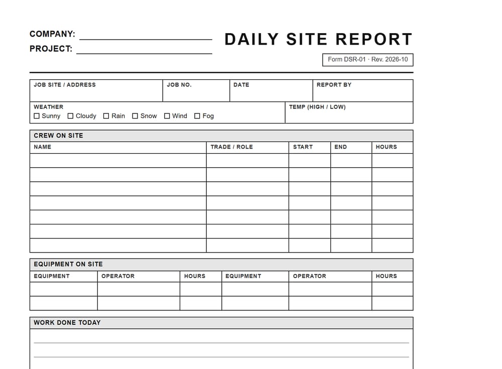 The top of the blank daily site report form, DSR-01