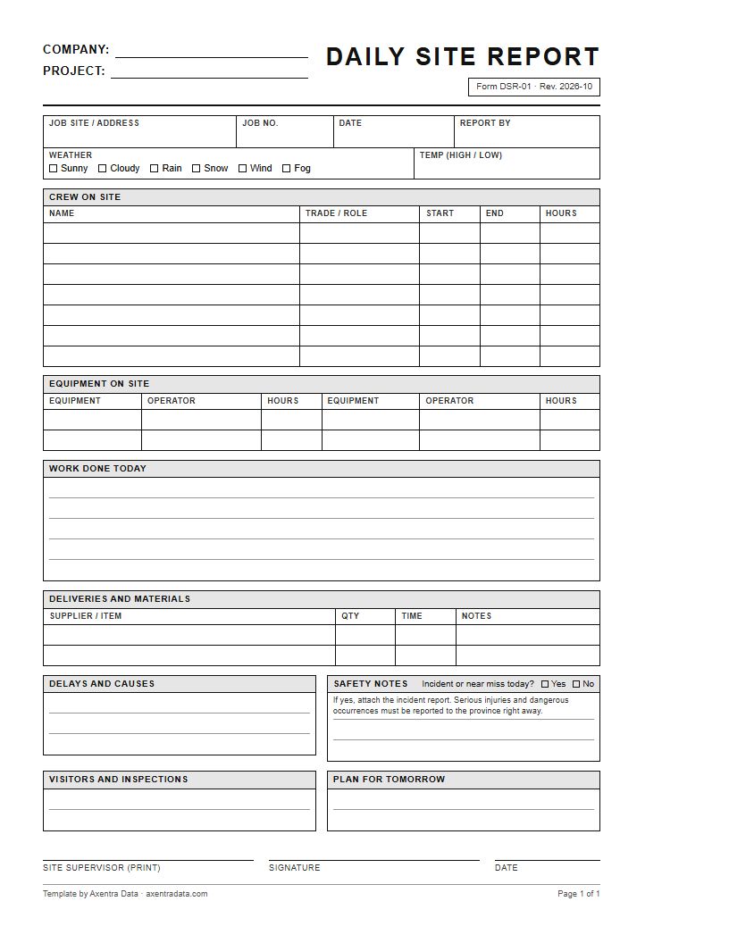 The blank daily site report template: job details, weather, crew on site, equipment, work done, deliveries, delays, safety notes with an incident or near miss check, and sign-off