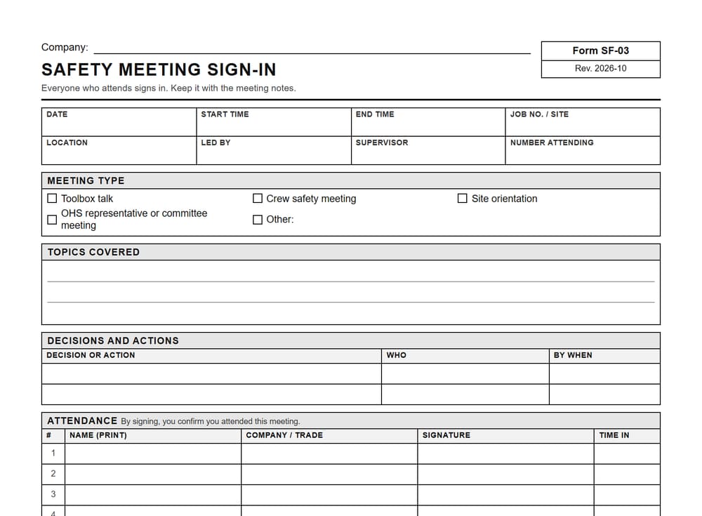 The top of the blank safety meeting sign-in form, SF-03