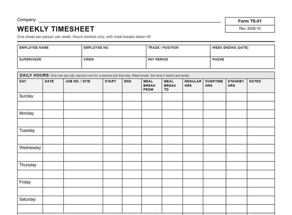 The top of the blank weekly timesheet form, TS-01