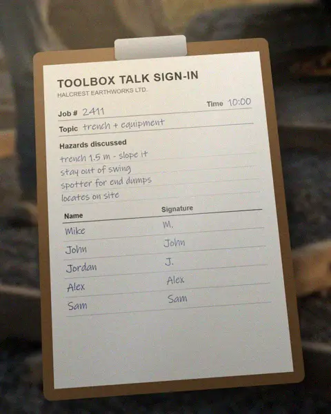 Photo of a handwritten toolbox talk sign-in sheet on a clipboard: Job 2411, trench and equipment, four hazards and five crew names.